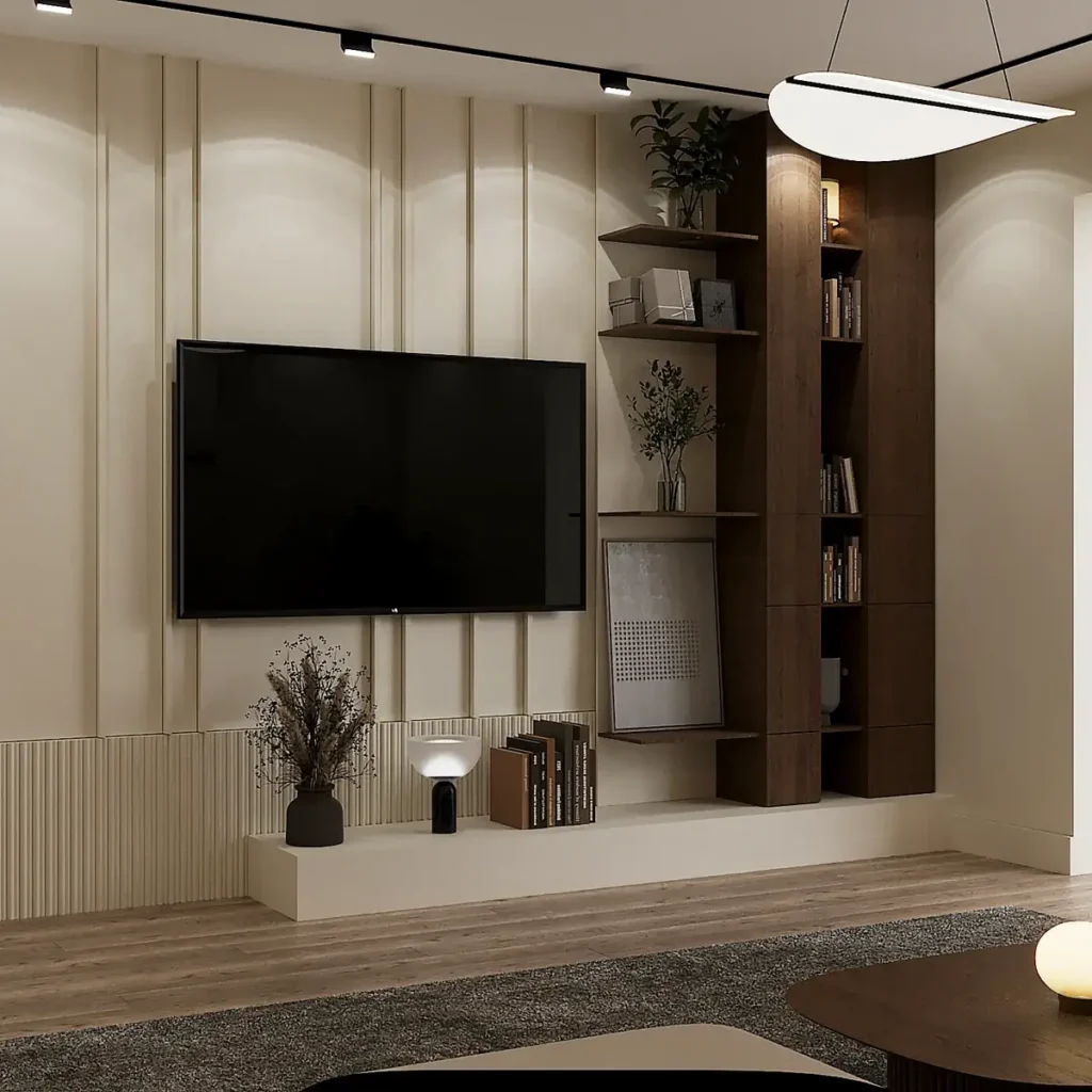 Сучасний дизайн інтерʼєру вітальні з телевізійною зоною та вбудованими меблями